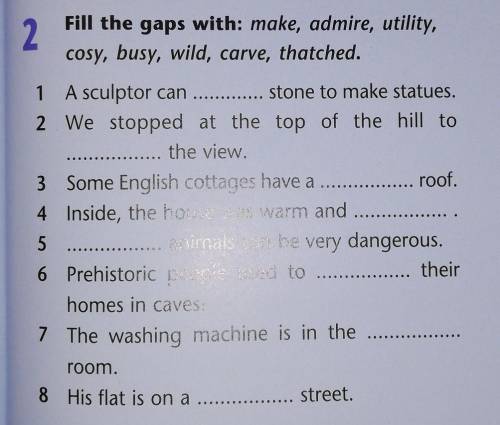 Fill the gaps with: make, admire, utility, cosy, busy, wild, carve, thatched​