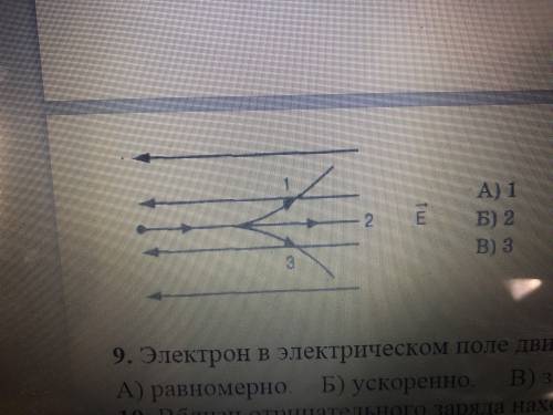 1. (Фото 1)В электрическое поле влетает электрон. Он движется по траектории: а)1; б)2; в)3. 2. Элект