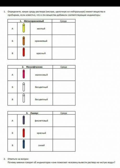 1. Определите, какую среду раствора (кислую, щелачную ил нейтральную) имеют вещества в пробирках, ес