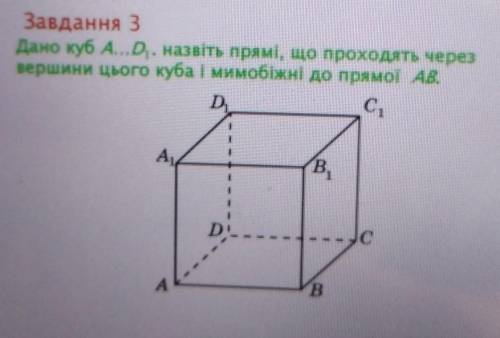 Дано куб AD1 назвіть прямі що проходять через вершини цього Куба і мимобіжні до прямої AB.​