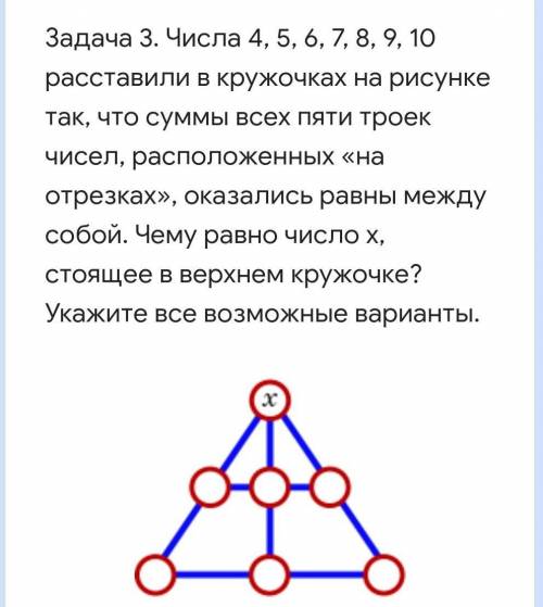 Числа 4, 5, 6, 7, 8, 9, 10 расставили в кружочках на рисунке так, что суммы всех пяти троек чисел, р