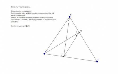 Основания высот AA1 и BB1 треугольника ABC лежат на его сторонах, угол CAA1 = углу ABB1. Докажите, ч
