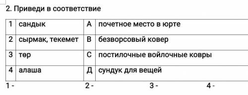 2. Приведи в соответствие 1сандыкАпочетное место в юрте2сырмак, текеметВбезворсовый ковер3төр