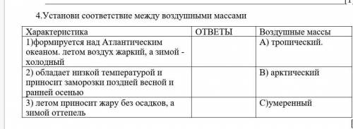 Установи соответствие между воздушными массами Характеристика ОТВЕТЫ Воздушные массы1)формируется на