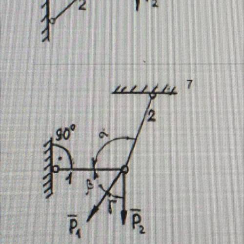 Определить реакции в жестких стержнях. P1=12;P2=3; a=120,b=30,y=90