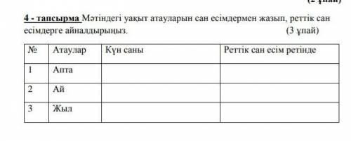 4 - тапсырма Мәтіндегі уақыт атауларын сан есімдермен жазып, реттік сан есімдерге айналдырыңыз. (3 ұ