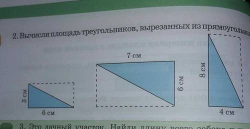 2.(Используй формулу S=(a*b):2)Вычисли площадь треугольников, вырезанных из прямоугольников.​