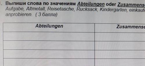 1. Выпиши слова по значениям Abteilungen oder Zusammersetzengen: Aufgabe, Altmetall, Reisetasche, Ru