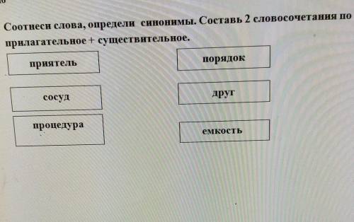 1. Соотнеси слова, определи синонимы. Составь 2 словосочетания по схеме: прилагательное существитель