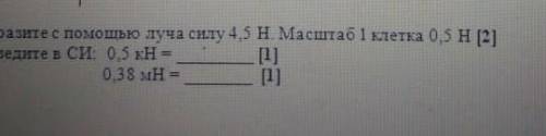 1)изобразите с луча силу 4,5H.Масштаб 1 клетка 0,5H 2)переведите в СИ : 0,5 кH=0,38мH=​