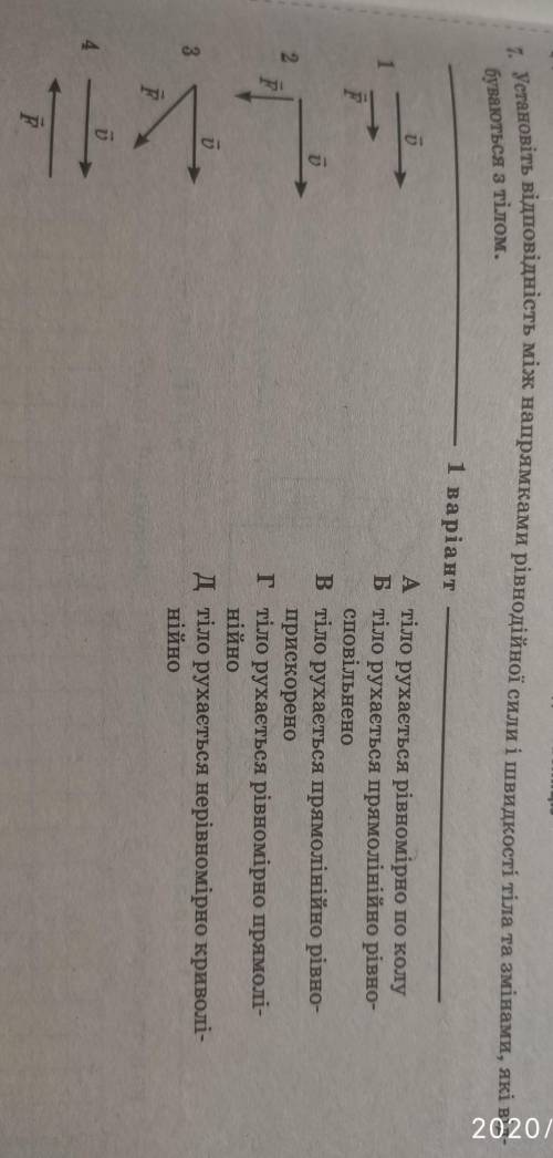 Установіть відповідність між напрямками рівнодійної сили і швидкості тіла та змінами, які відбувають