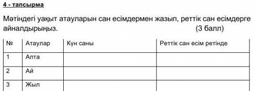 4 - тапсырма Мәтіндегі уақыт атауларын сан есімдермен жазып, реттік сан есімдерге айналдырыңыз. ( )