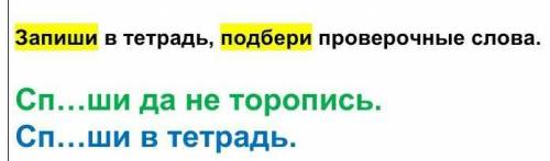 Запиши в тетрадь, подбери проверочные слова. Сп…ши да не торопись.Сп…ши в тетрадь.​