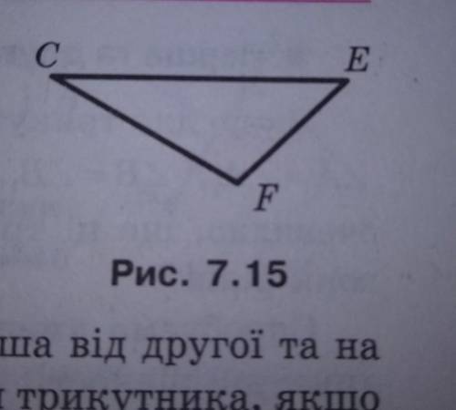Запишіть сторони, вершини, кути трикутника CEF (рис. 7.15). Укажіть: 1) кут, протилежний стороні CF;