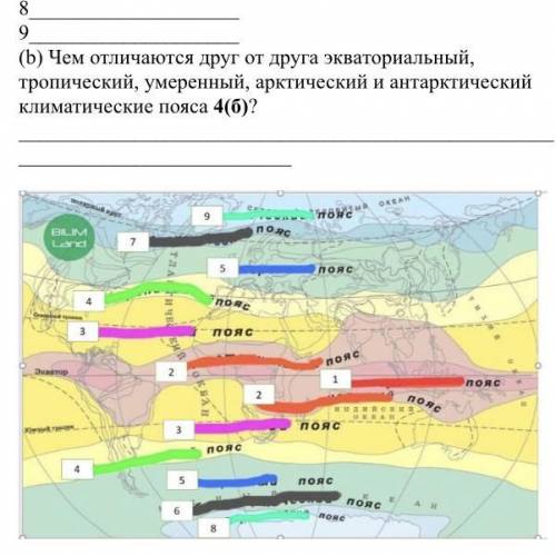 А) Распределите правильно названия географических поясов указанных на карте 5(б) : 1 2 3 4 5 6 7 8 9