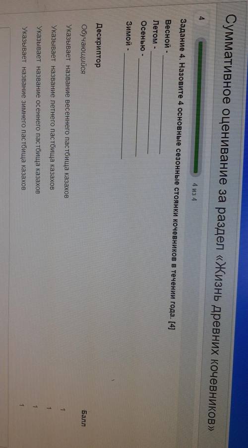 Задание 4. Назовите 4 основные сезонные стоянки кочевников в течении года. [4] Весной - Летом - Ос