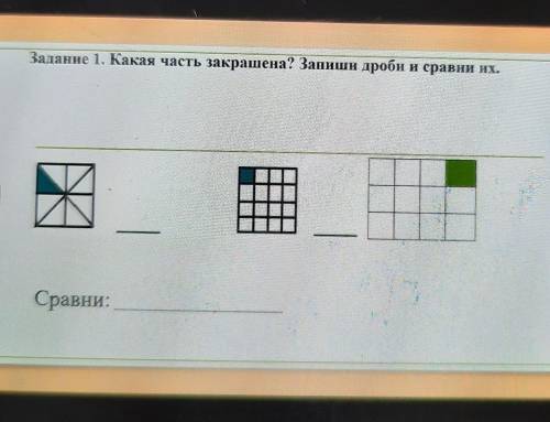 Задание 1. Какая часть закрашена? Запиши дроби и сравни их.Сравни:​