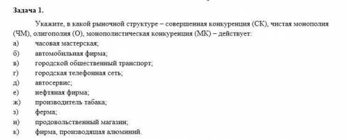 Укажите, в какой рыночной структуре – совершенная конкуренция (СК), чистая монопо-лия (ЧМ), олигопол