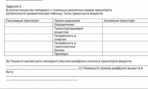 Задание 3. В клетки вещества попадают с различных видов транспорта. (а)Заполните сравнительную табл