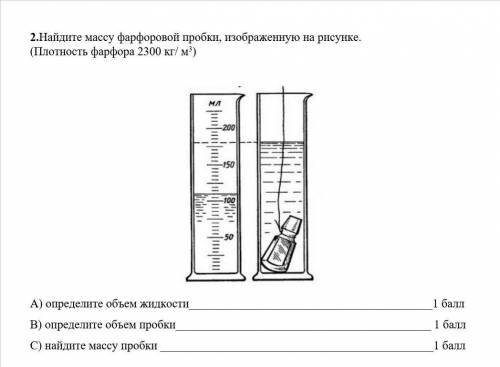 Найдите массу фарфоровой пробки, изображенную на рисунке.Плотность фарфора 2300 кг/ м3 1) Определите