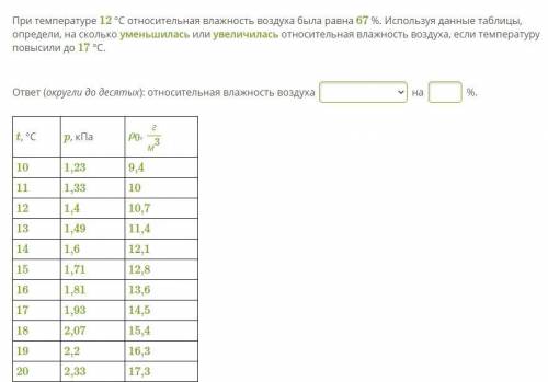 При температуре 12 °С относительная влажность воздуха была равна 67 %. Используя данные таблицы, опр