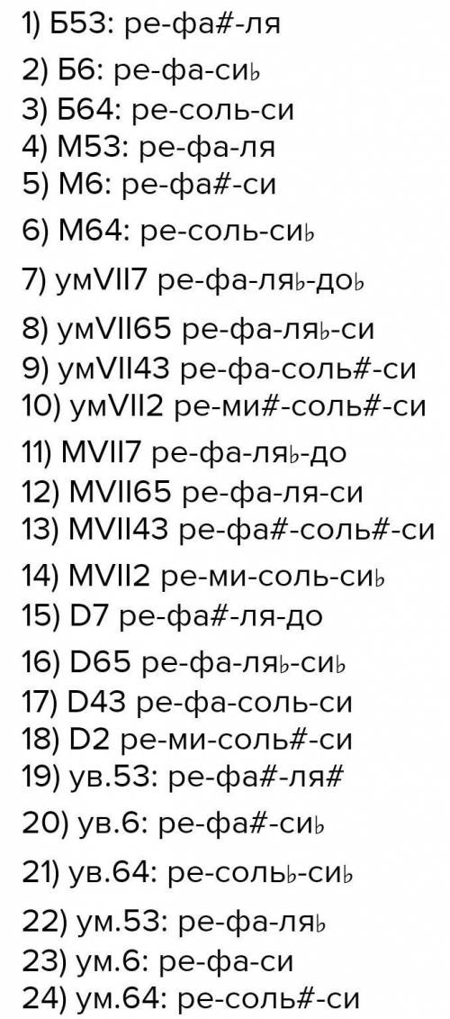 Повтори правило построений мажорных и минорных аккордов Б53 Б6 Б64 М53 М6 М64 от звука РЕ напиши эти