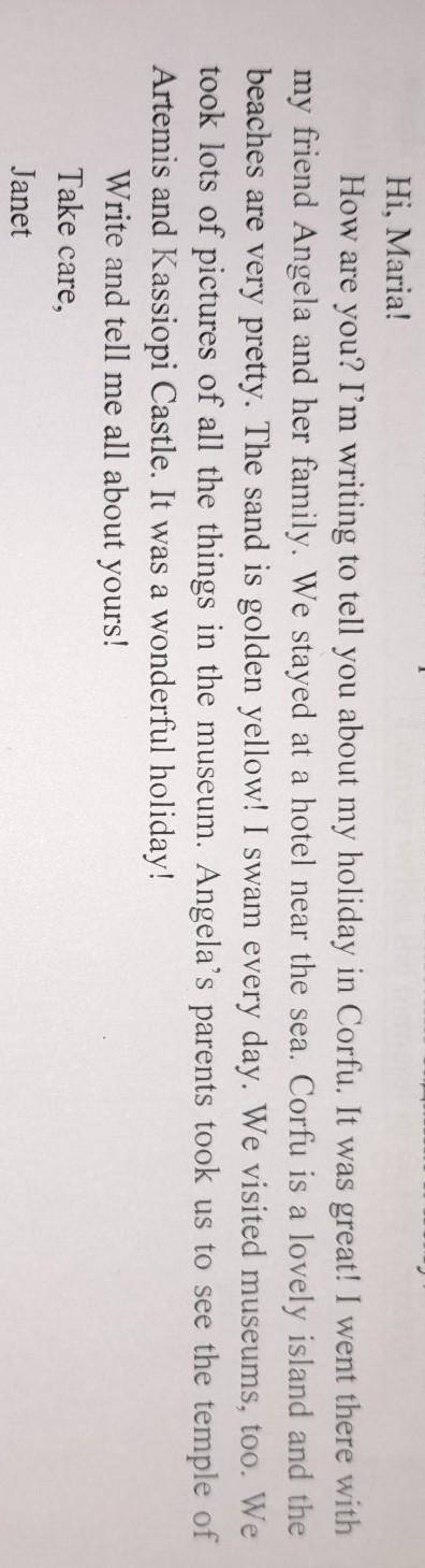 ответить на вопросы: 1. Why did Janet like the beaches? 2. What did Janet do in Corfu?​