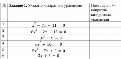 Задание 1: Укажите квадратные уравнения Поставьте «+» напротив квадратных уравнений ​