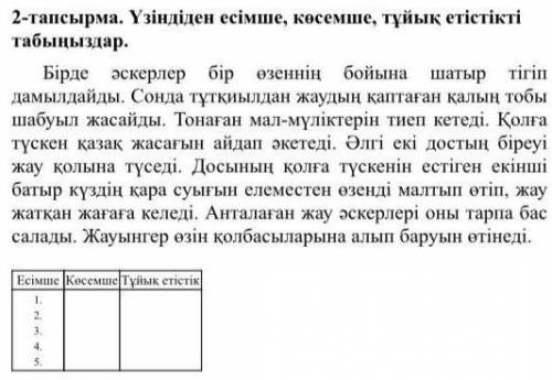 2-тапсырма. Үзіндіден есімше, көсемше, тұйық етістікті табыңыздар​