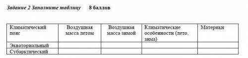 Задание 2 Заполните таблицу Климатический пояс Воздушная масса летом Воздушная масса зимой Климатиче