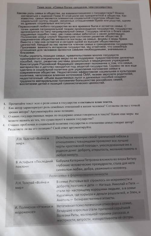 Прочитайте текст эссе о роли семьи в которых государстве и выполните задания