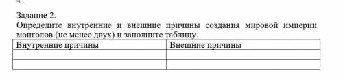 Задание 2. Определите внутренние и внешние причины создания мировой империи монголов (не менее двух)