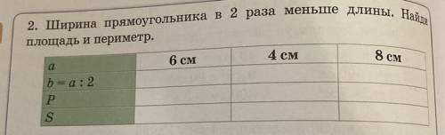 Ширина прямоугольника в 2 раза меньше длины. Най площадь и периметр. 6 см 4 CM 8 CM а b = 0:2 Р S