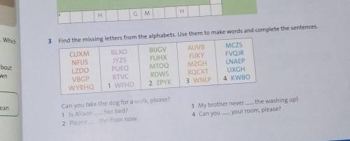 3 Find the missing letters from the alphabets. Use them to make words and complete the sentences. CU