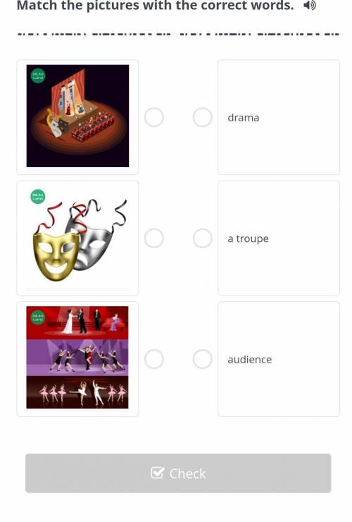 What do you know about Drama? Match the pictures with the correct words.￼￼￼dramaa troupeaudienceBack