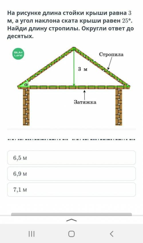 на рисунке длина стройки крыши равна 3 м, а угол наклона ската крыши 25 градусов. найди длину стропи