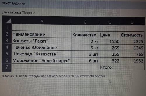 В ячейку D7 напишите функцию для определения общей стоимости покупок.​