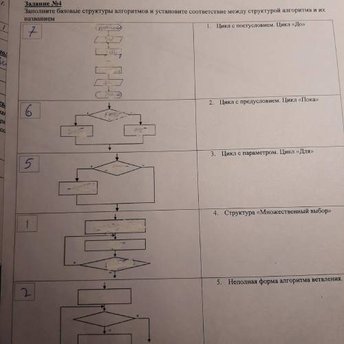 Заполните базовые структуры алгоритмов и установите соответствие между структурой алгоритма и их наз