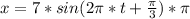 x=7*sin(2\pi*t+\frac{\pi }{3})*\pi