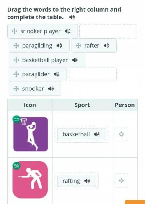 Try out different sports Drag the words to the right column and complete the table. snooker playerba
