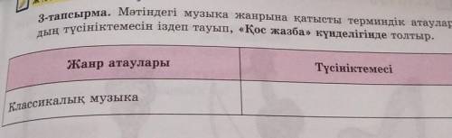 3-тапсырма. Мәтіндегі музыка жанрына қатысты терминдік атаулар- дың түсініктемесін іздеп тауып, «Қос