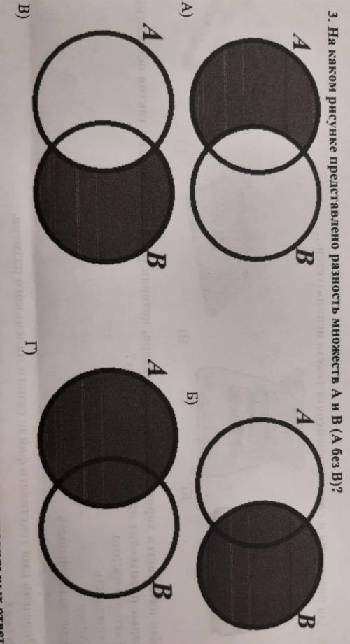 На каком рисунке представлено разность множеств A и B (A без B)