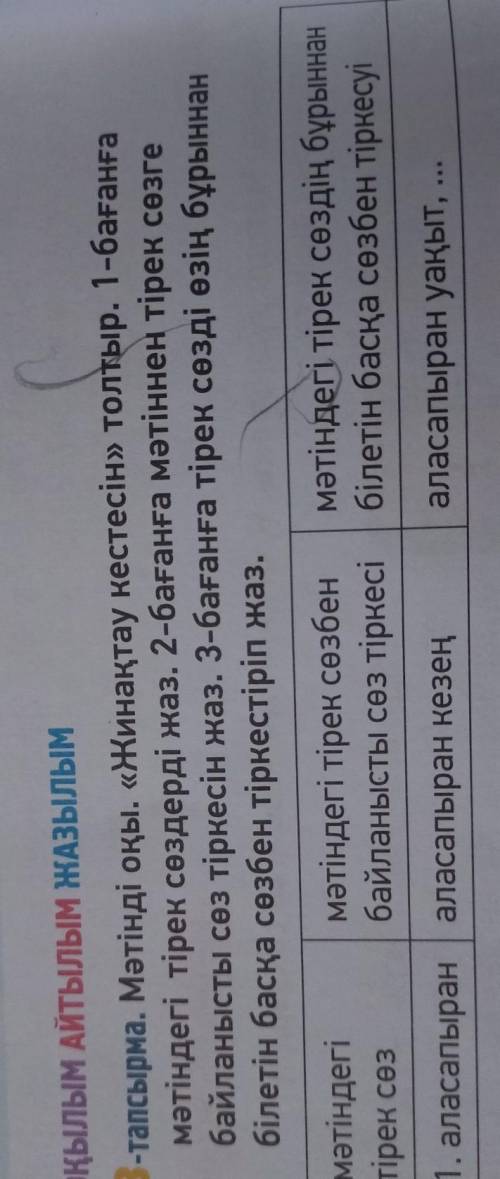 3-тапсырма. Мәтінді оқы. Жинақтау кестесін толтыр. 1-бағанға мәтіндегі тірек сөздерді жаз. 2-баған