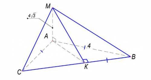 У правильному трикутнику АВС зі стороною АВ = 4 см через вершину А проведено перпендикуляр АМ до пло
