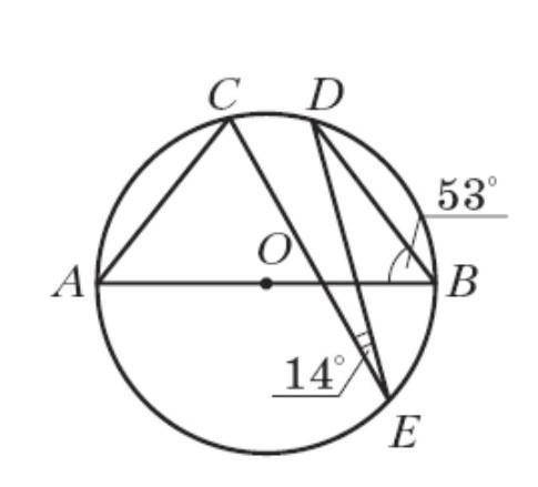 В окружности с центром О проведён диаметр АВ (рис.) Найдите угол CAB, если CED = 14°, ABD = 53 . ​