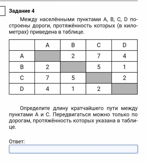 Между населёнными пунк­та­ми A, B, C, D по­стро­е­ны до­ро­ги, про­тяжённость ко­то­рых (в ки­ло­мет