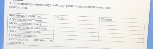 1. Заполните сравнительную таблицу физических свойств металлов и неметаллов. Сера Железо Физическое