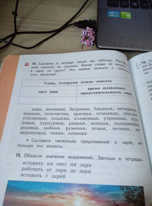 Сделайтев тетради такуюже таблицу. Распредилите эпитеты по группам. Какие слова не вошли не одну из