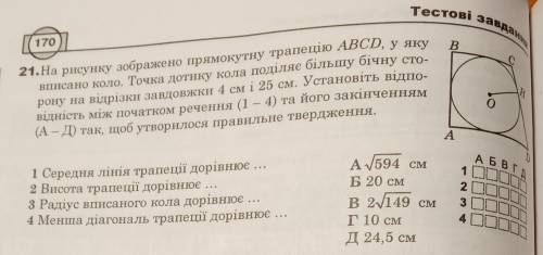 ів, дуже треба На рисунку зображено прямокутну трапецію ABCD, у яку вписано коло. Точка дотику кола