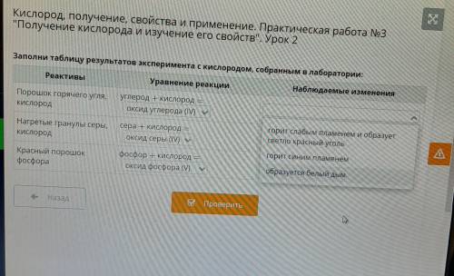 Заполните таблицу результатов эксперимента с кислородом, собранным в лаборатории: 1Реактивы. 2Уравне